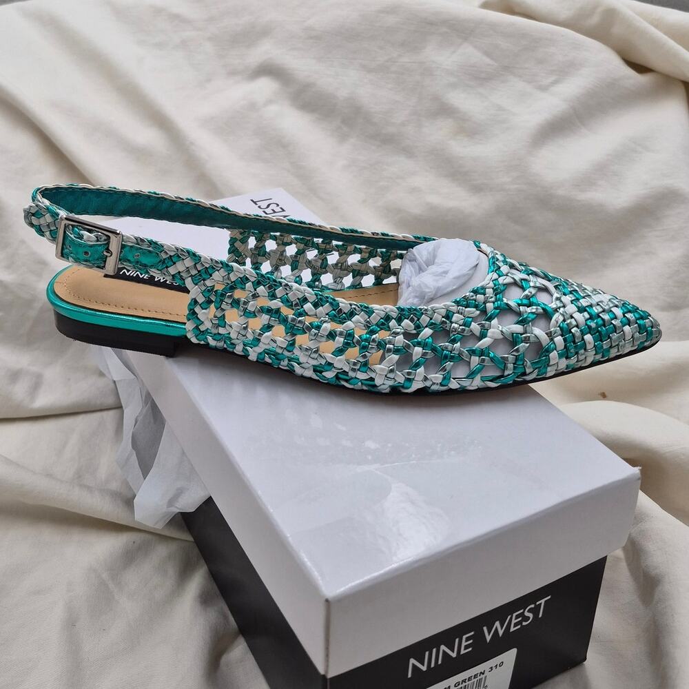 NEW Nine West Women's Soel Slingback Pointed Toe Flats woven design Green Sz 6.5